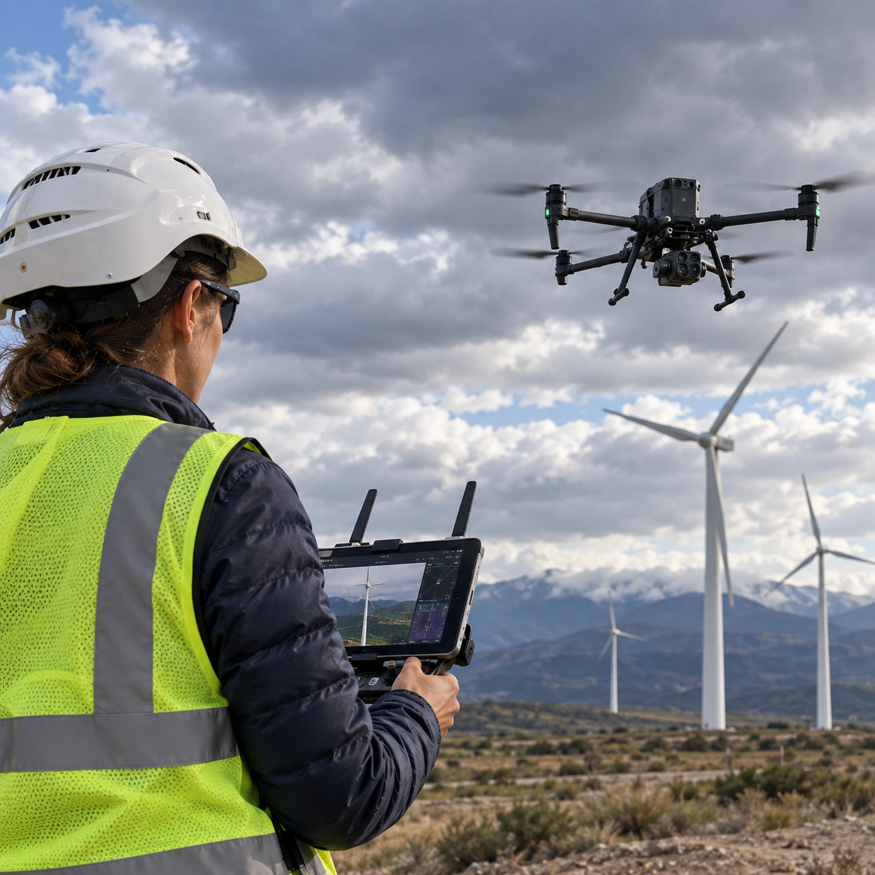 Commercial drone operator conducting a wind farm inspection with FlyFreely.